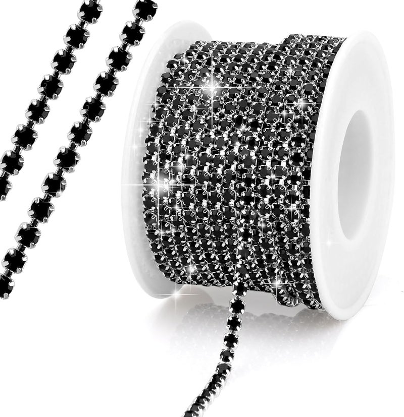 Slergut Black Silver Rhinestone Chain, 10 Yards 3MM Crystal Rhinestone Chain Trim for Sewing Crocs Shoes, Claw Rhinestone Chain for Craft Jewelry Wedding DIY Decoration - Image 1